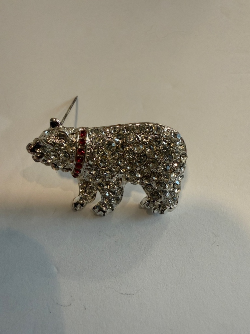 Crystal Bear Pin Brooch with Red Collar